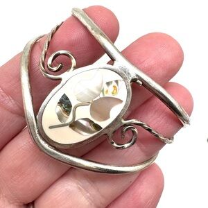 Vintage Silvertone Mother of Pearl and Abalone Shell Floral Cuff Bracelet